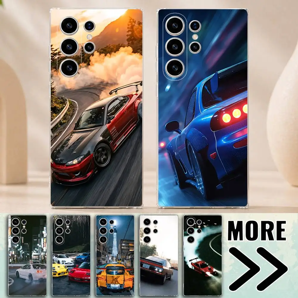 Tokyo Drift JDM Neon City Sports Car Phone Case for Samsung Galaxy S20 21 22 Ultra Plus S23 24 25 FE Lite Transparent Bumper