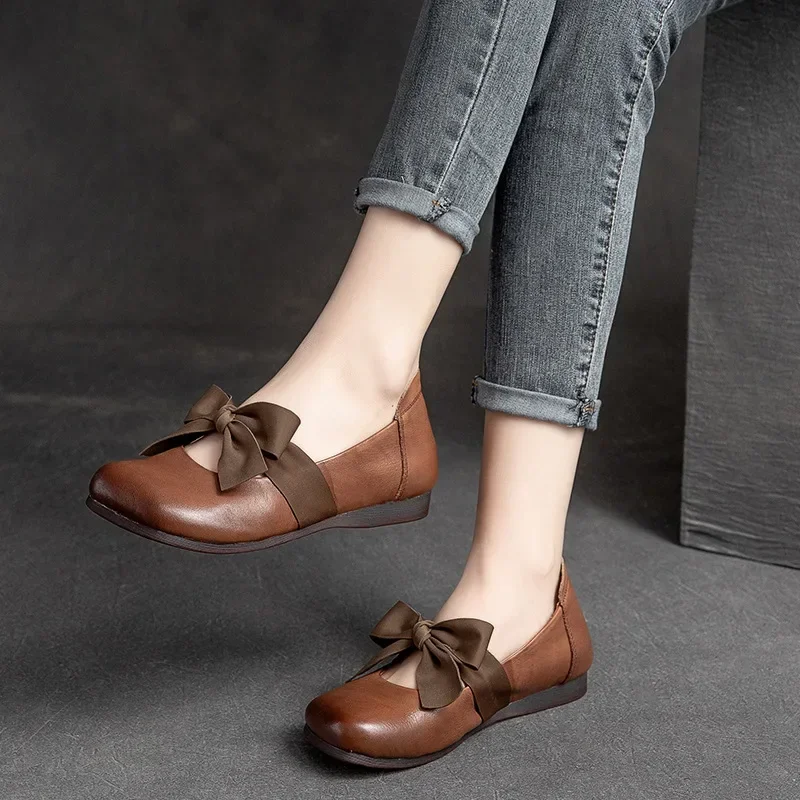 Koznoy Autumn Woman Flat Shoe 2cm Retro Ethnic Genuine Leather Mom Spring Shallow Comfy Fashion Moccasins Butterfly Knot Shoes