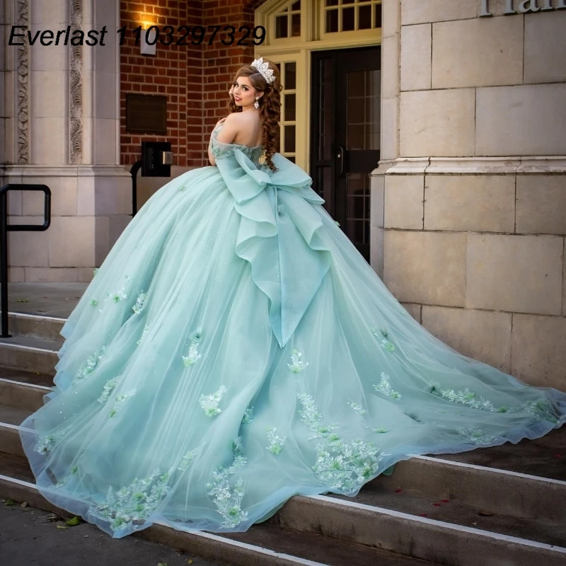 EVLAST Customized Mint Green Quinceanera Dress Ball Gown 3D Floral Applique Beaded Bow Sweet 16 Vestidos De 15 Años TQD882