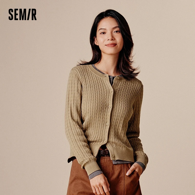 Semir Knit Cardigan Women Short Knit Cardigan Round Neck Solid Color 2024 New Autumn Soft and Slim Fit Cable Knit Sweater