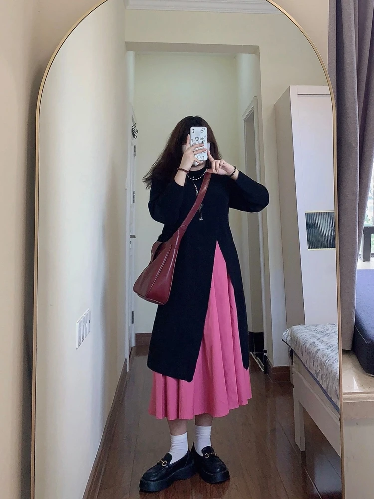 

plus Size Sweater And Skirt Set for Women plus Size Spring Fashion Two-Piece Set Long Sleeve round Neck Open-Crotch Mid-...