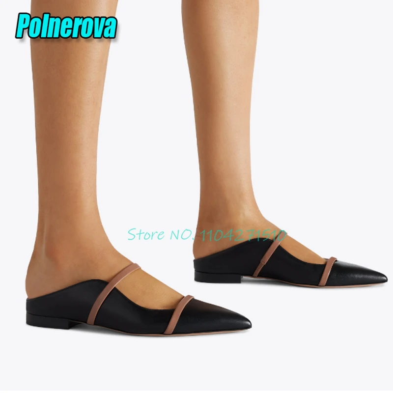 Bling Silver Double Strap Half Slippers for Women Solid Leather Pointed Toe Shallow Mules Summer New Outside Casual Flat Shoes