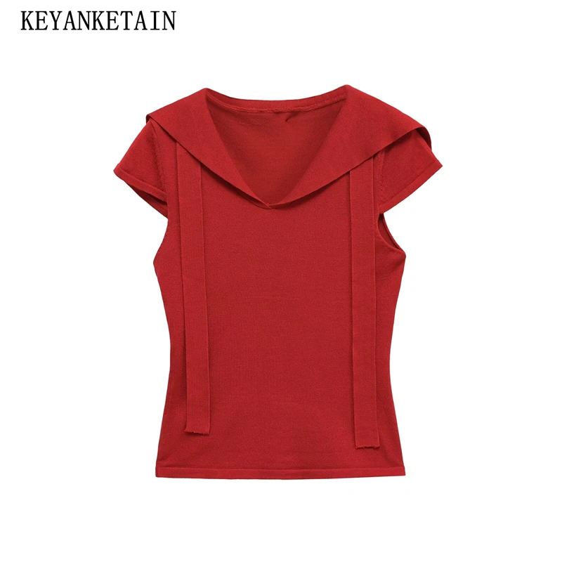 

KEYANKETIAN 2025 Summer New Women's sailor collar Lace Up Short Sleeve Knitted Top Leisure style Slim Thin Pullover Solid color
