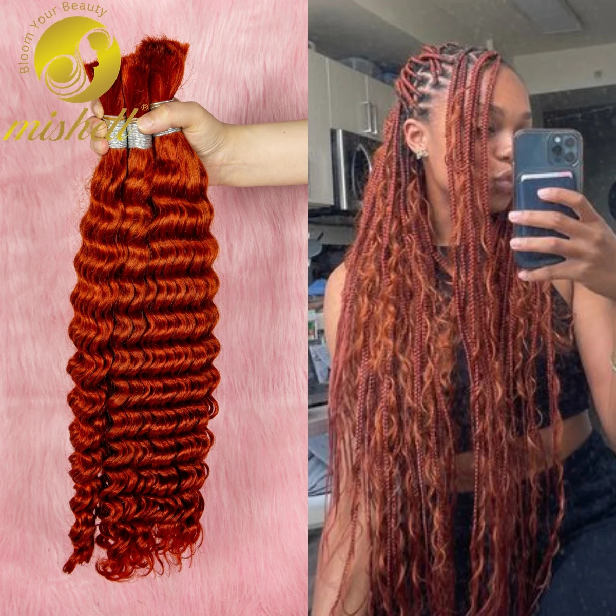 

Ginger Orange Human Hair Bulk 26 28 Inch Deep Wave Human Hair for Braiding Unprocessed No Weft 100% Vingin Hair Bulk Extensions