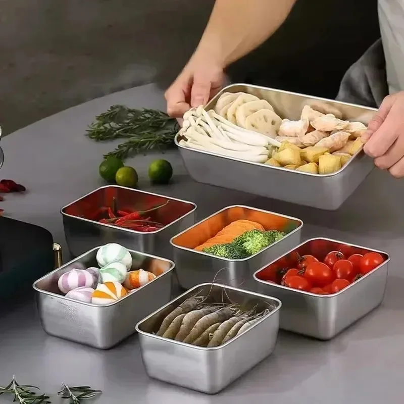 Stainless Steel Crisper with Lid Fresh-keep Food Container Rectangle Picnic Bento Tray Refrigerator Storage Box for Restaurant