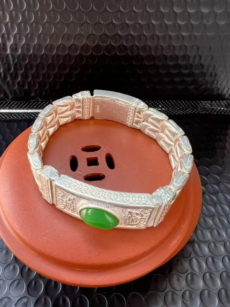 

2026 Vintage 925 Tibetan Silver Bracelet, Ethnic Gemstone Bangle, Unisex Fine Jewelry