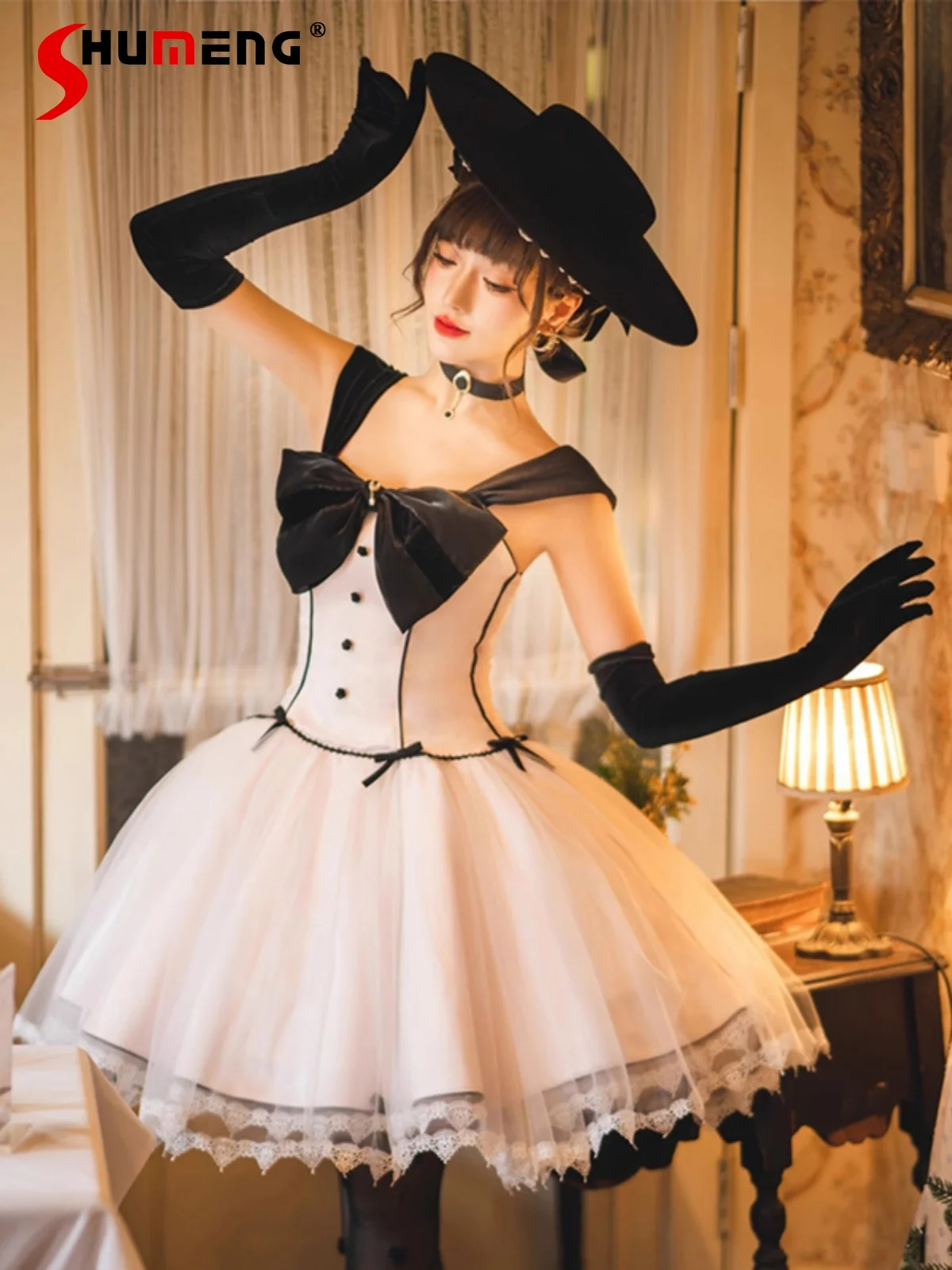 

Sweet Elegant Short Evening Dress Sleeveless Square Neck Bow Lace-up Slim High Waist Princess Lolita Birthday Dress Women Summer