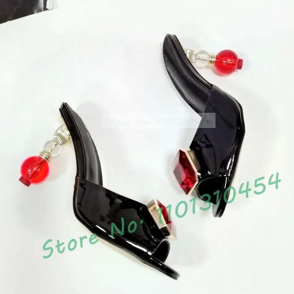 

Red Crystal Ball Heels Mules Women Round Strange Heel Ruby Patent Leather Shoes Ladies Summer Peep Toe Party Casual Slippers