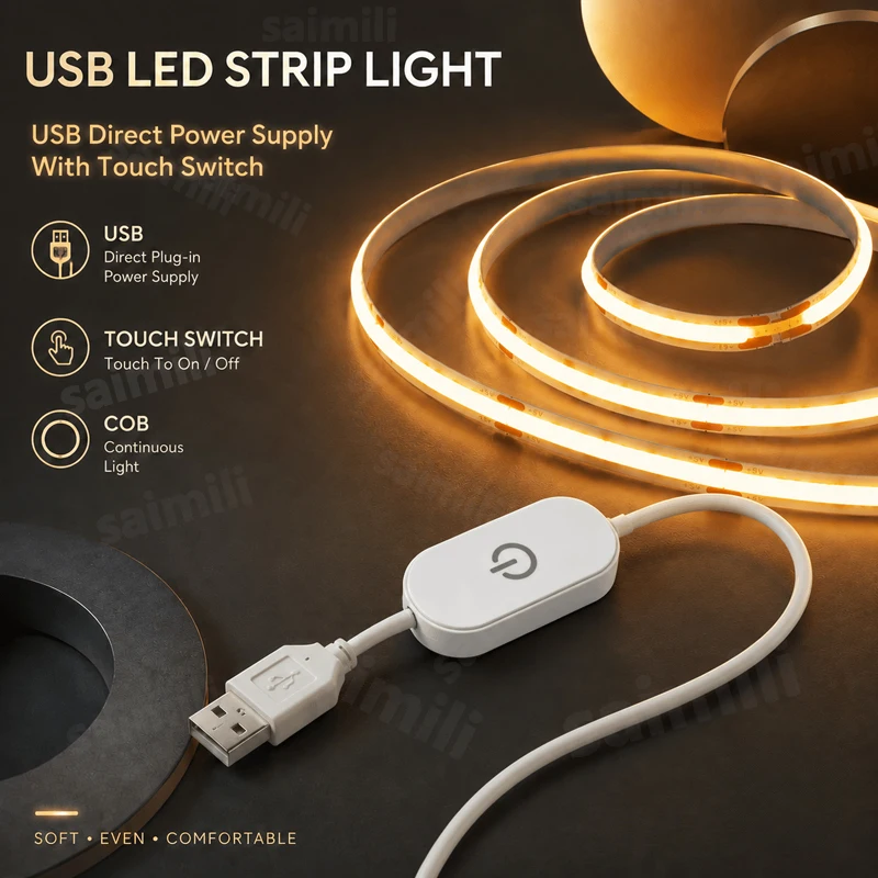 USB High Density COB LED Strip Touch Dimmer No Dark Spot Flexible Self Adhesive Linear Light For Mirror TV Backlight DIY Decor