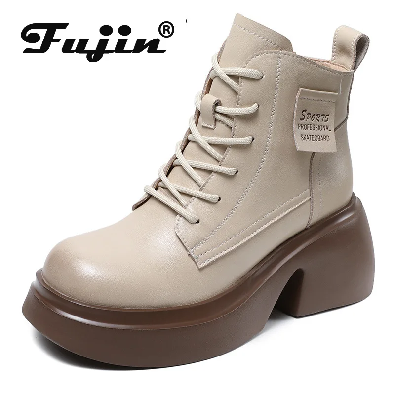 Fujin 7.5cm zimowe ciepłe, jesienne wiosenne pluszowe damskie buty buty z prawdziwej skóry ZIP platforma moda na koturnie botki etniczne