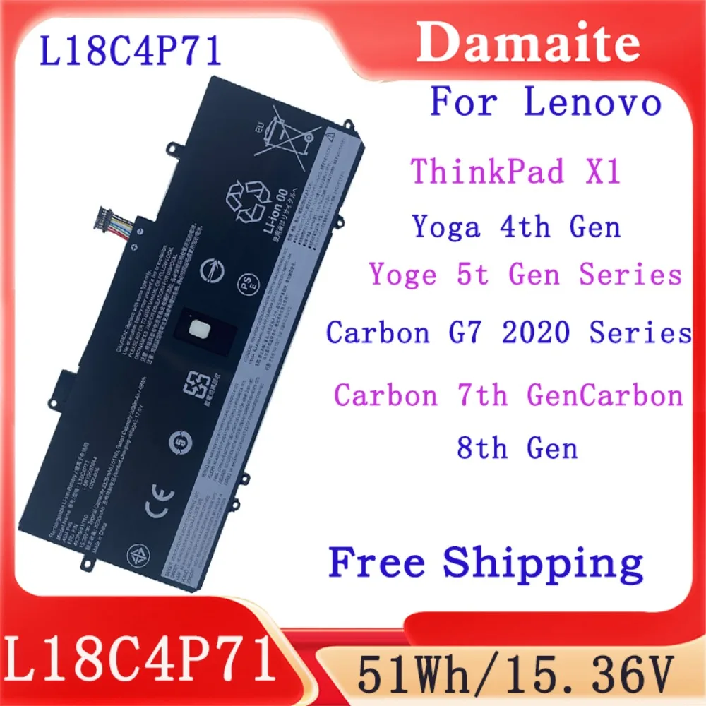 

NEW L18M4P72 L18C4P71 Battery For Lenovo Thinkpad X1 Carbon 7th 2019 2020 Series SKB10K97644 02DL004 02DL005 L18M4P72 L18C4P71