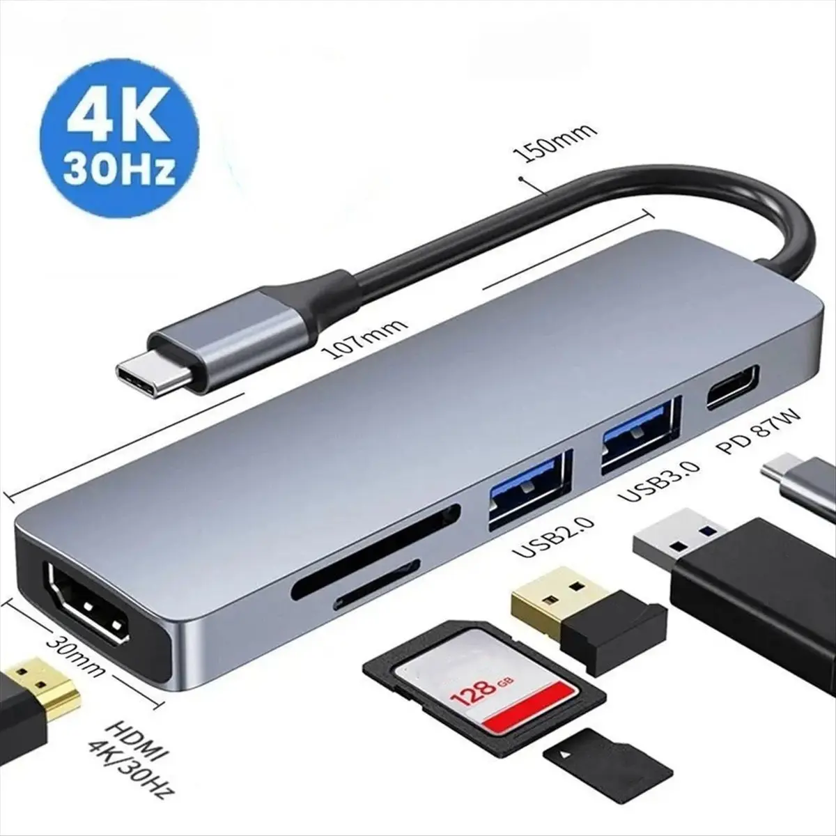 Stable- 6 in 1 USB C HUB 4K 30Hz Type C to HDMI-Compatible USB Splitter TF SD Multi Converter USB Adapter for PC Laptop