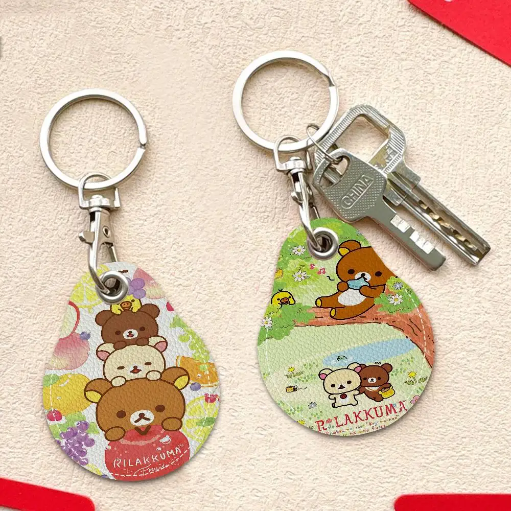 Rilakkuma Cute Cartoon R-Rilakkuma Round Keychains For Women PU Leather Blanks Key Rings Ideal For Holiday Gifts