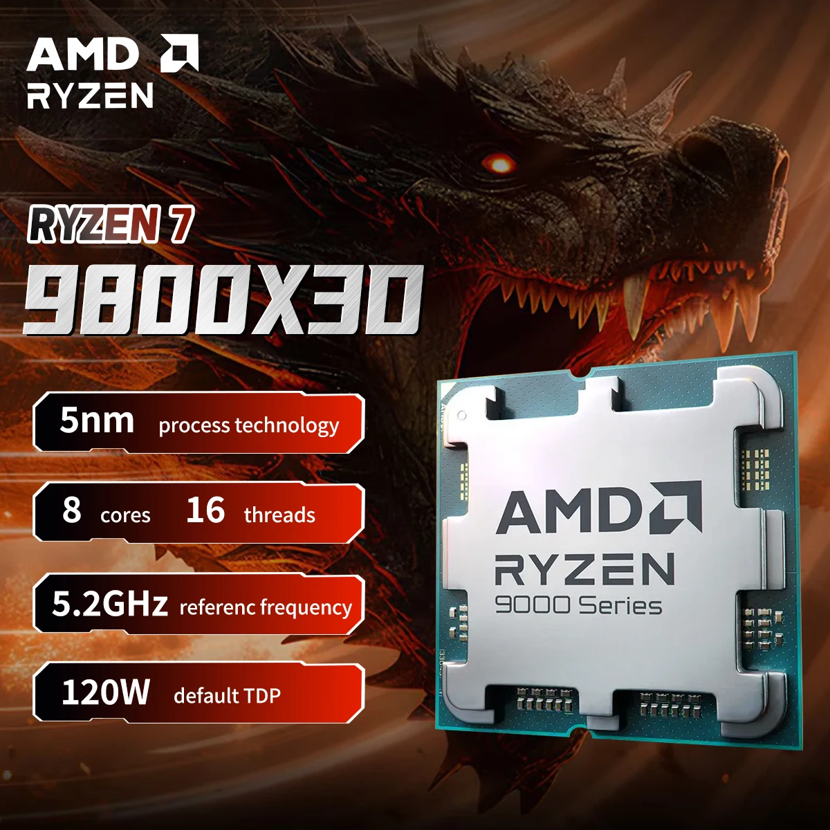 AMD Ryzen 7 9800X3D 8-Core 16-Thread Processor 4.7GHz 120W L3=96M DDR5 NEW Socket AM5 4NM R7 9800X3D but No Fan