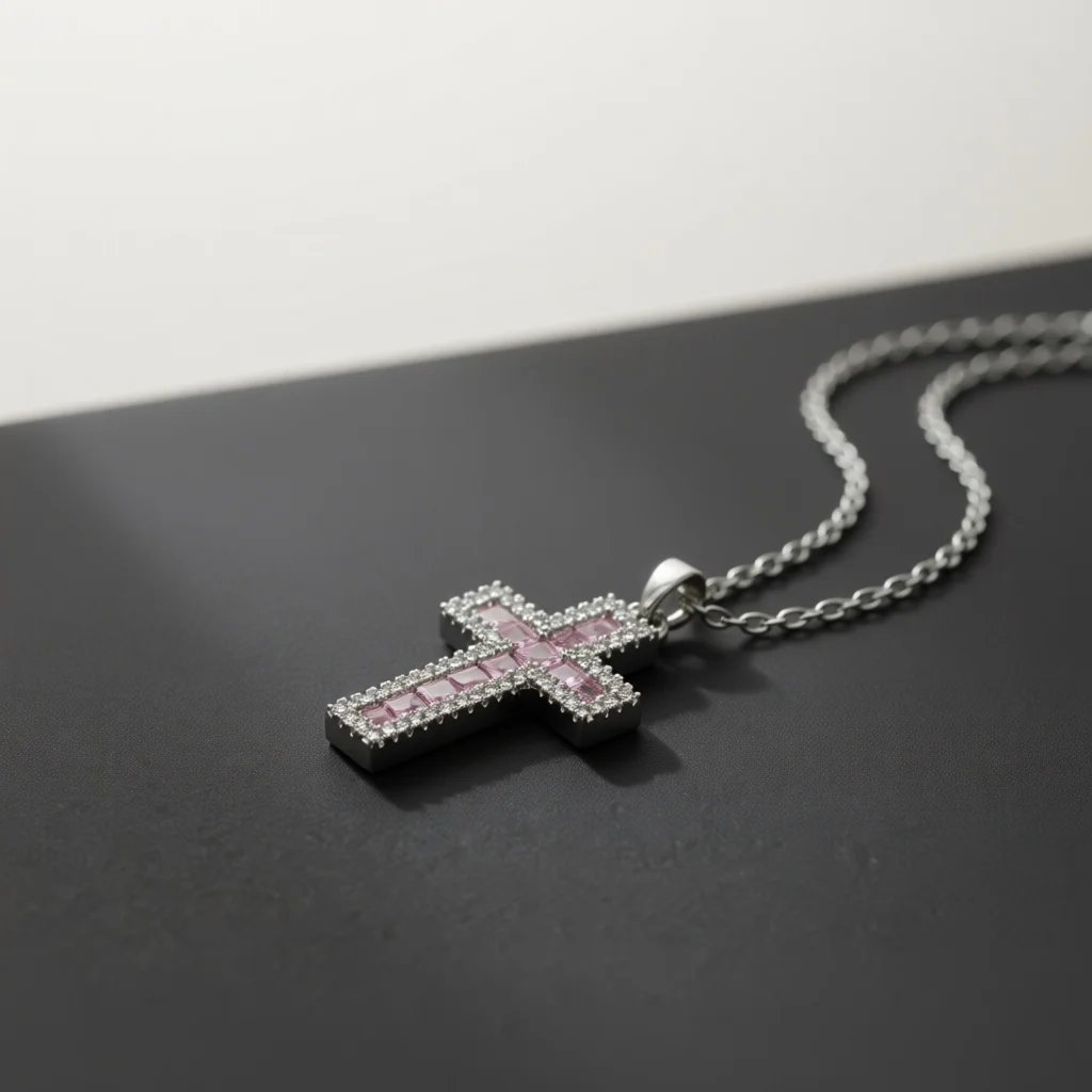 Dreamy Silver Tone Copper Pendant Necklace, Pink Zircon Geometric Cross Decor Jewelry for Party & Special Gift Selection