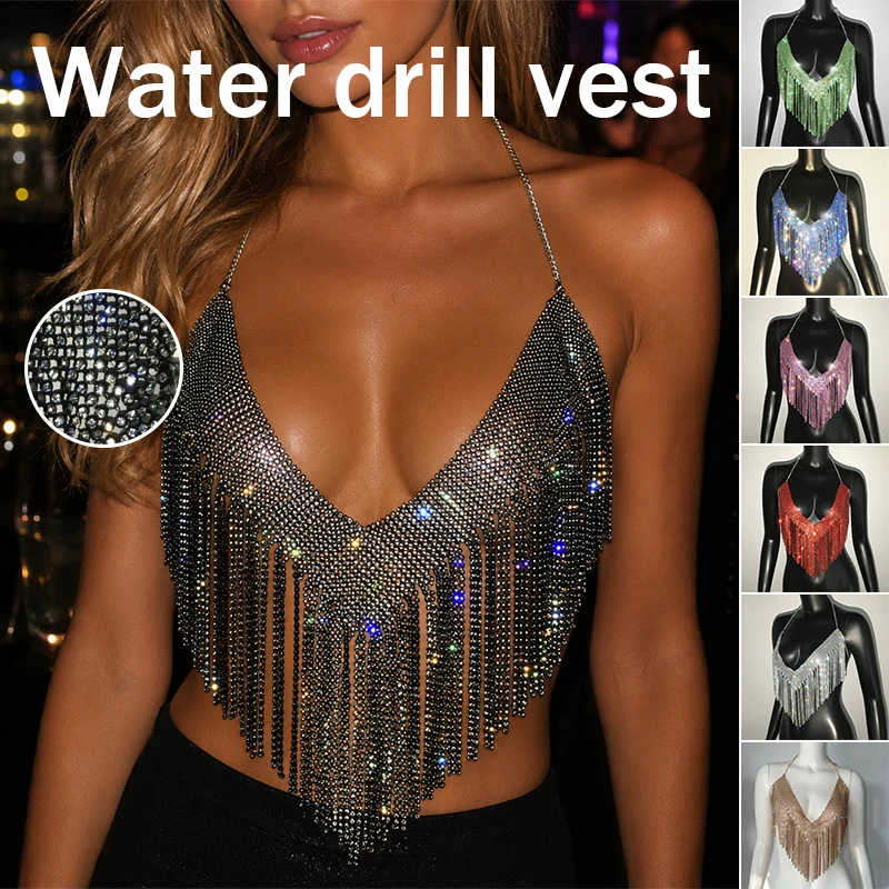 7 Colors Bling Rhinestones Tassel Party Crop Top Woman Deep V Halter Neck Backless Diamond Sequins Nightclub Clubwear Dance Wear