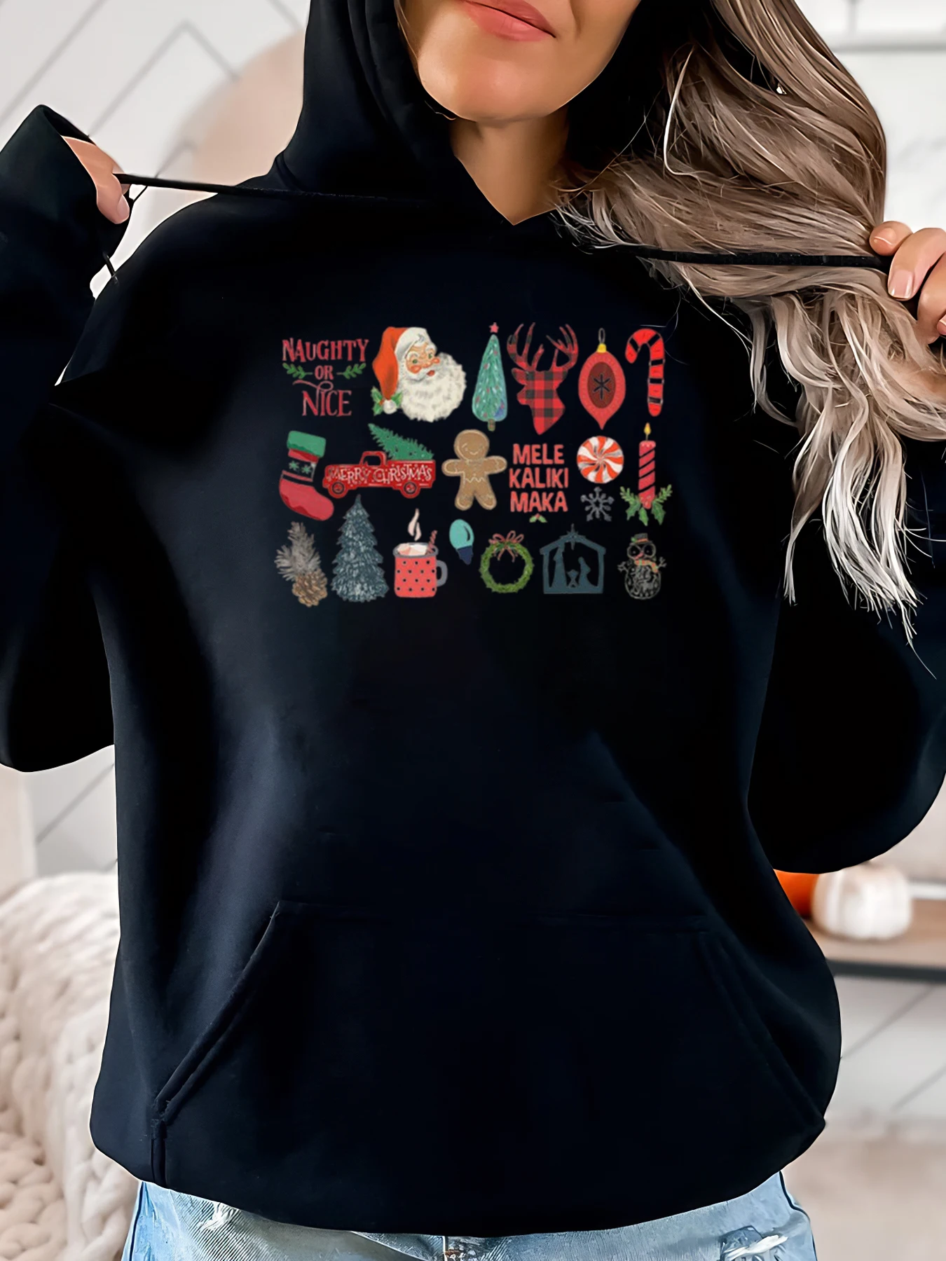 

Рождественские значки и тексты Праздничный свитшот Женская повседневная зимняя одежда Черный Большие размеры