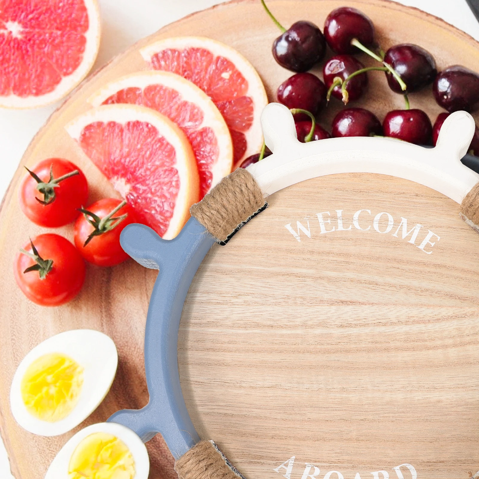 

Wooden Ship Wheel Tray Smooth Surface Easy Clean Mediterranean Style Snack Serving Fruit Bread Dish Food Dessert Storage Beach