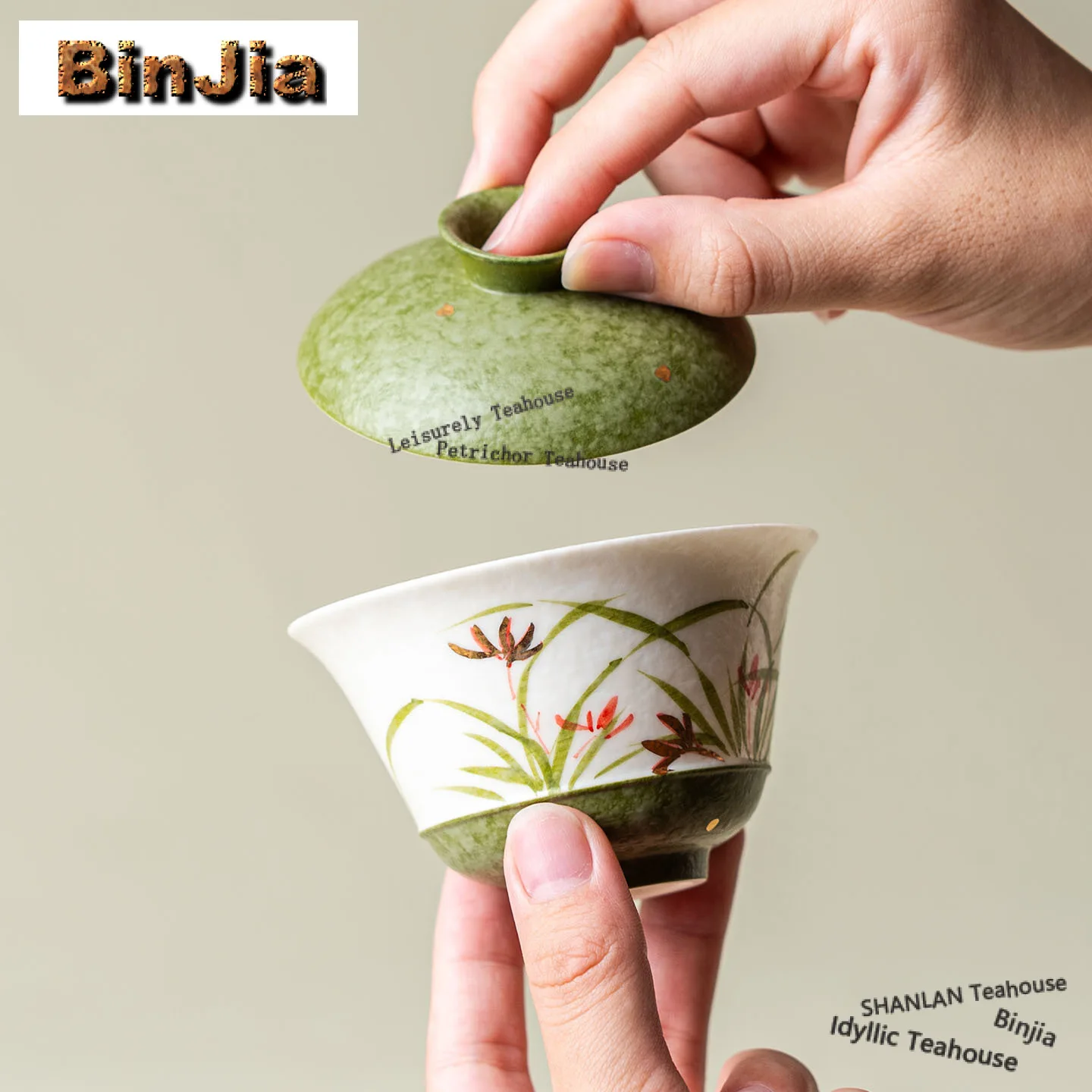 

110ml Hand-painted Green Orchid Gaiwan Antique Tea Tureen Tea Bowl with Lid Kit Tea Making Cover Bowl Kung Fu Tea Set Collection