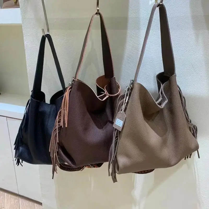 Genuine Leather Women\'s Bag Large Capacity Tassel Top Layer Cowhide Shoulder Bag Korean Style Soft Tote Bag Bucket Composite Bag