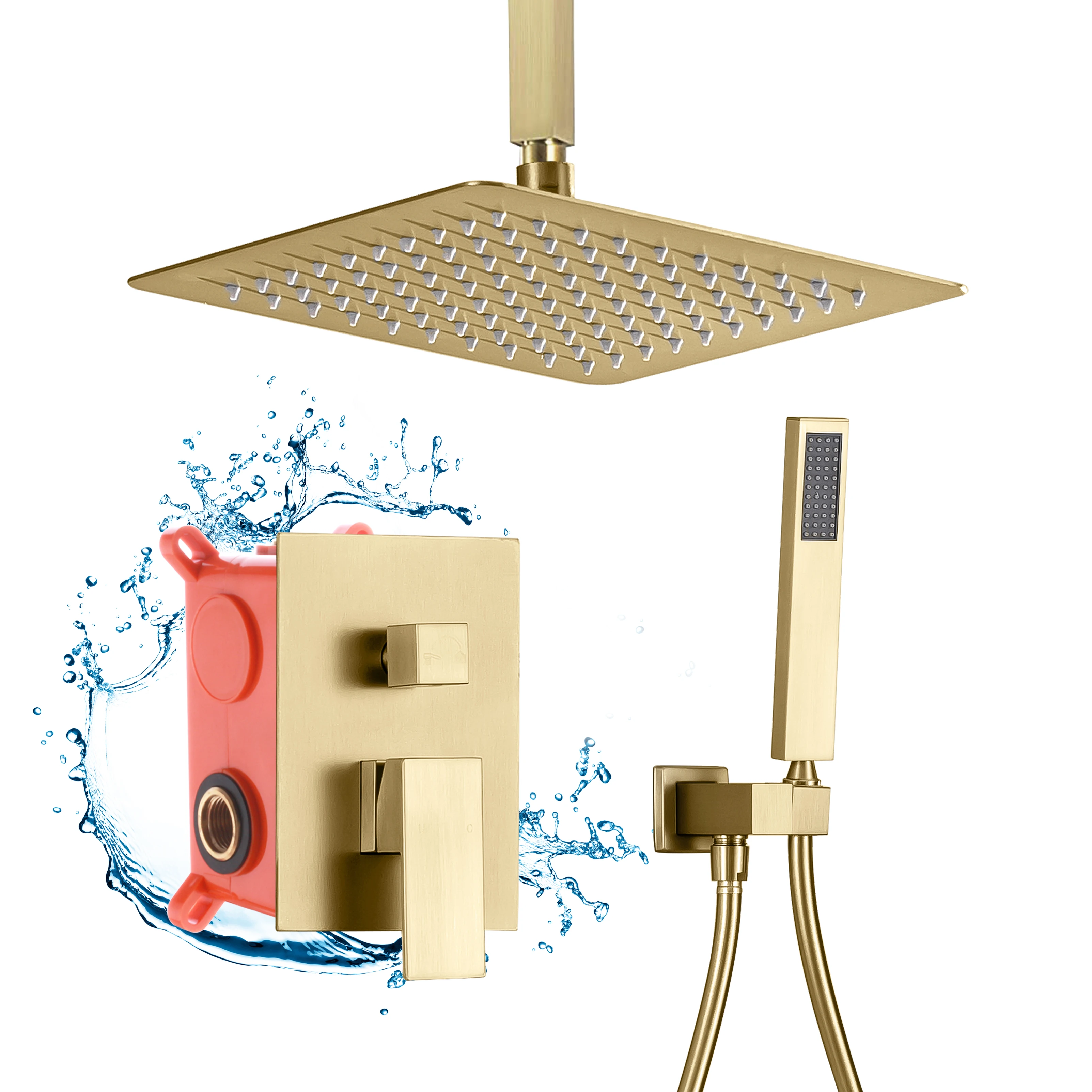 Brushed Gold Shower System Wall Mounted 10 Inch High Pressure Ceiling Square Rainfall Shower Head with Bar Handheld Shower Head