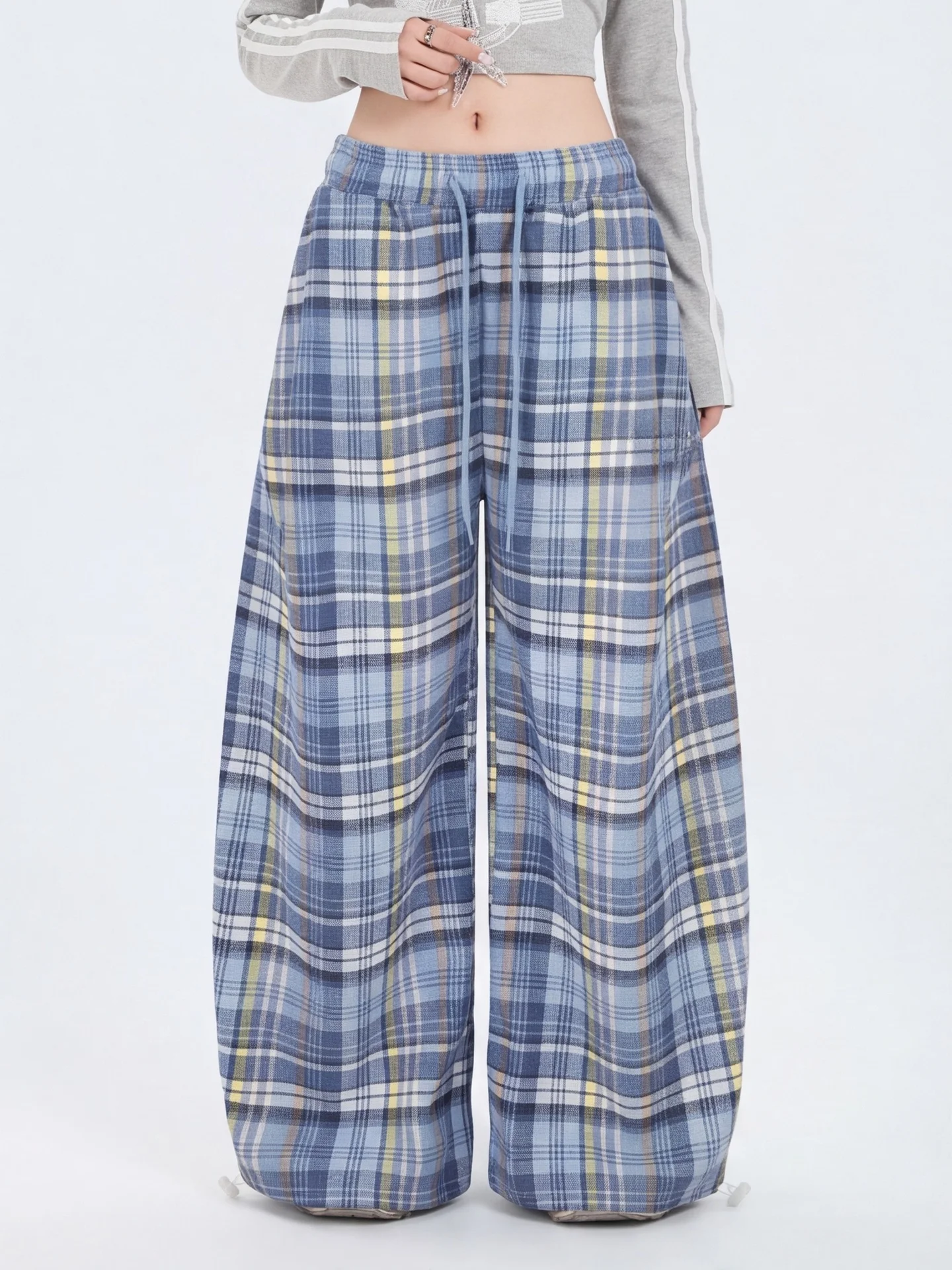 Ant American Blue Plaid Drawstring Elastic Waist Embroidered Label Loose Knife  Floor Length Pants Women Casual Straight ...