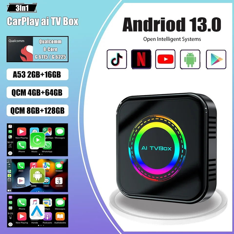 New CarPlay Ai Box Andriod 13.0 Smart Multimedia Box Built-in Netfilx Youtube Google Play For Wireless CarPlay & Andriod Auto