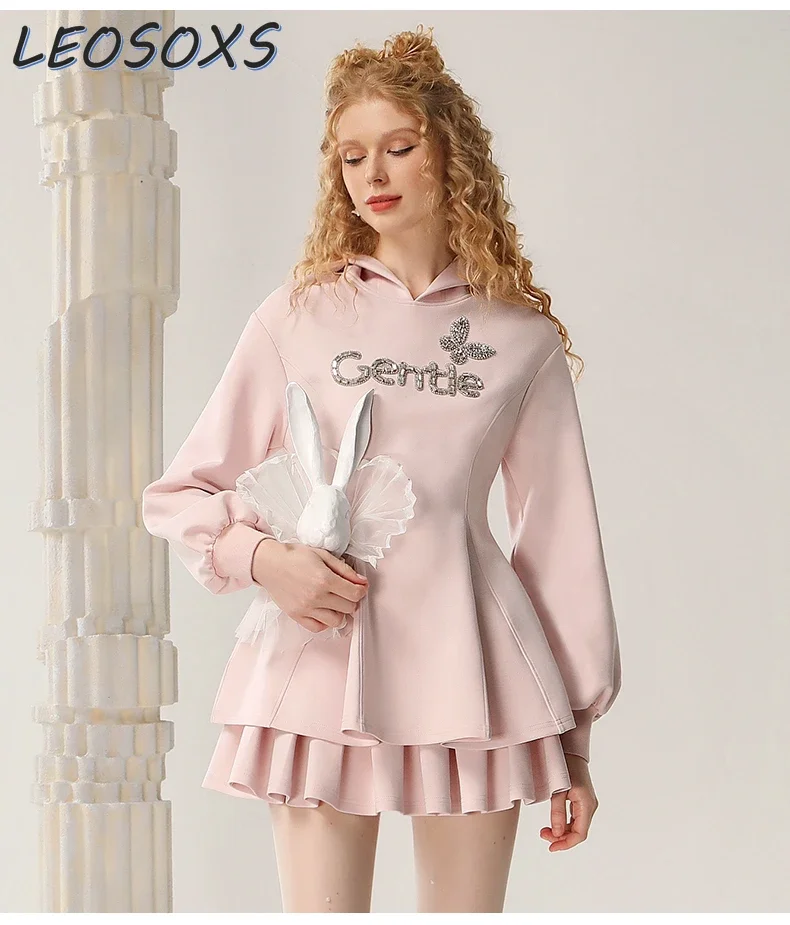 LEOSOXS High-end Knitted Sweater Suit Skirt Autumn New Hooded Top Girl Pink High Waist Pleated Skirt 2 Piece Sets Womens Casual