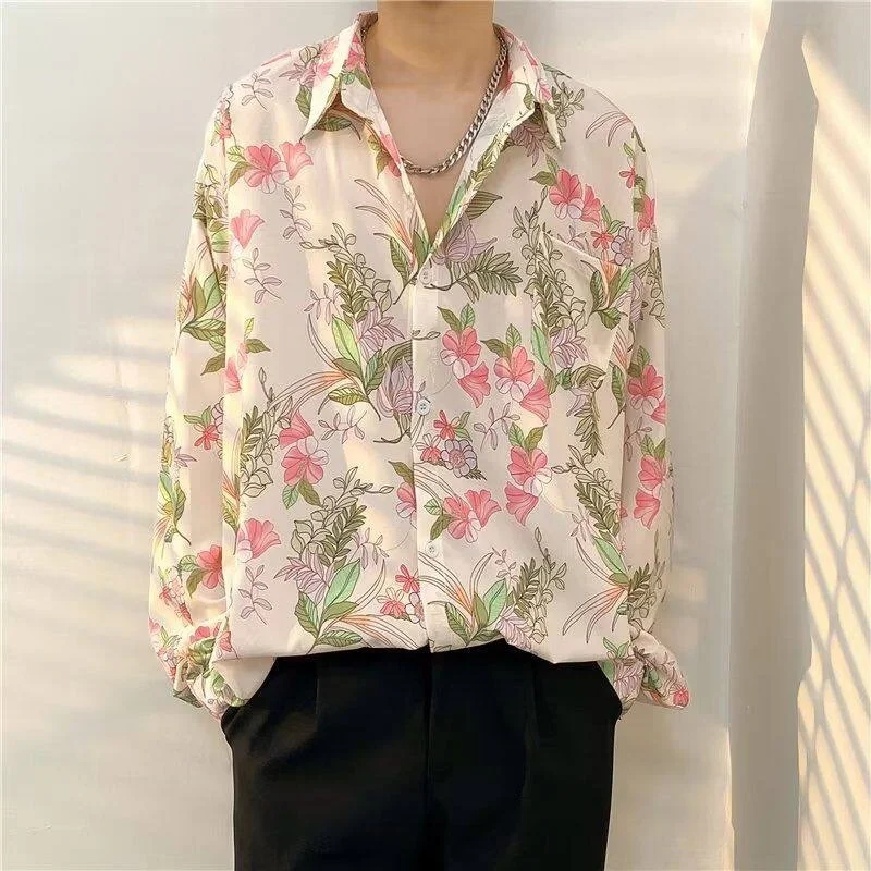 

Men's Floral Long Sve Casual irt Loose Fit Spring Autumn Trendy Outerwear Polyester Stand Sle Summer Thin Polyester