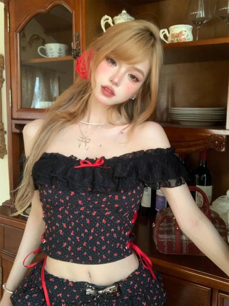 Sweet Sexy Off Shoulder Mesh Rose Print Tops Women+ Y2k E-Girl High Waist Ruched Bow Skirts 2024 Summer Enw Two Piece Sets