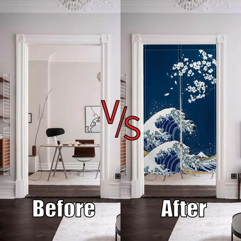 VIKAMA Ukiyo-e Türvorhang mit Meereswellen und Kirschblüten, neuer chinesischer Stil, für Badezimmer, Schlafzimmer, Sichtschutzvorhang