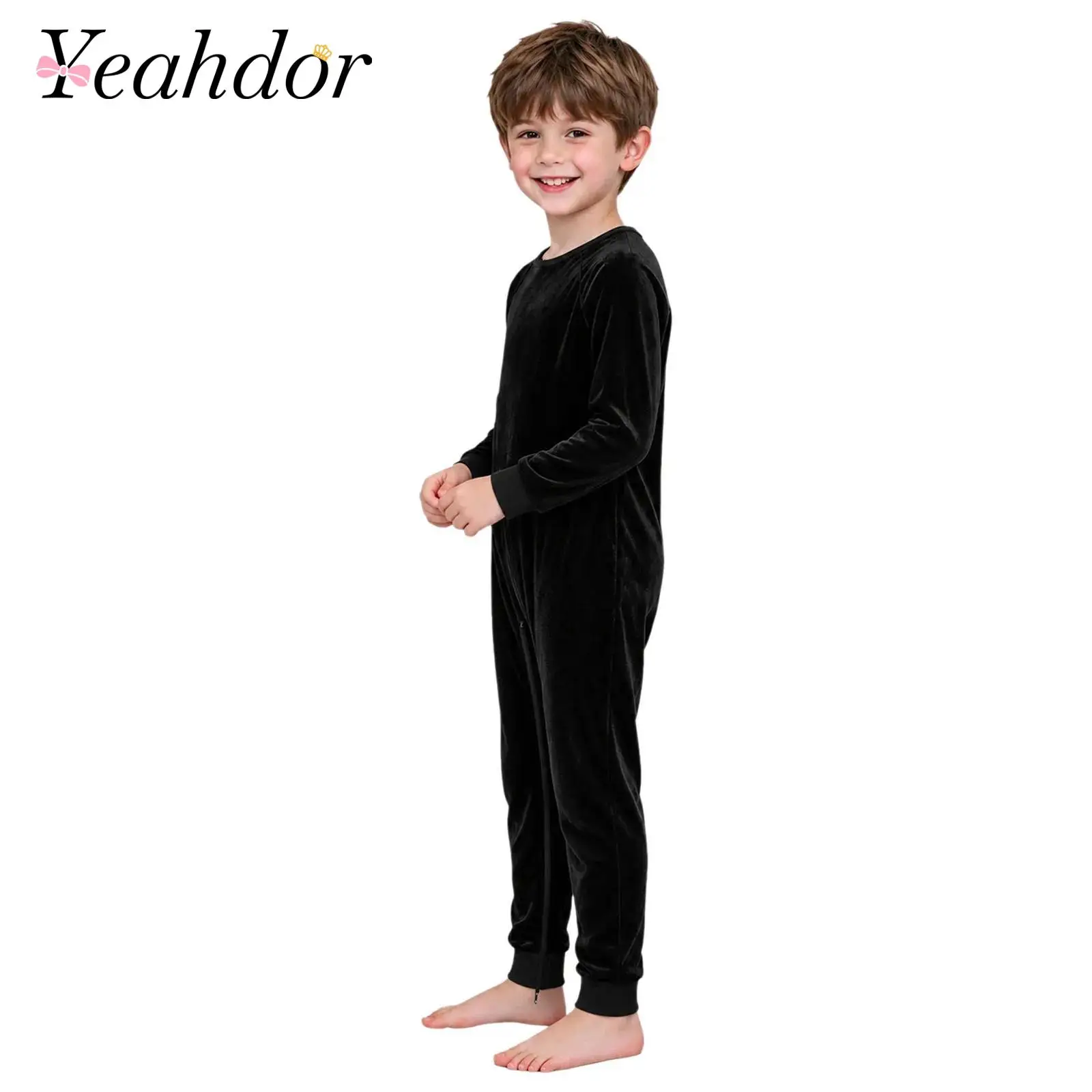 Kids Velvet Jumpsuit Round Neck Boys Girls Long Sleeve Zipper Back Crotch Bodysuit for Fitness Special Needs Adaptive Clothing