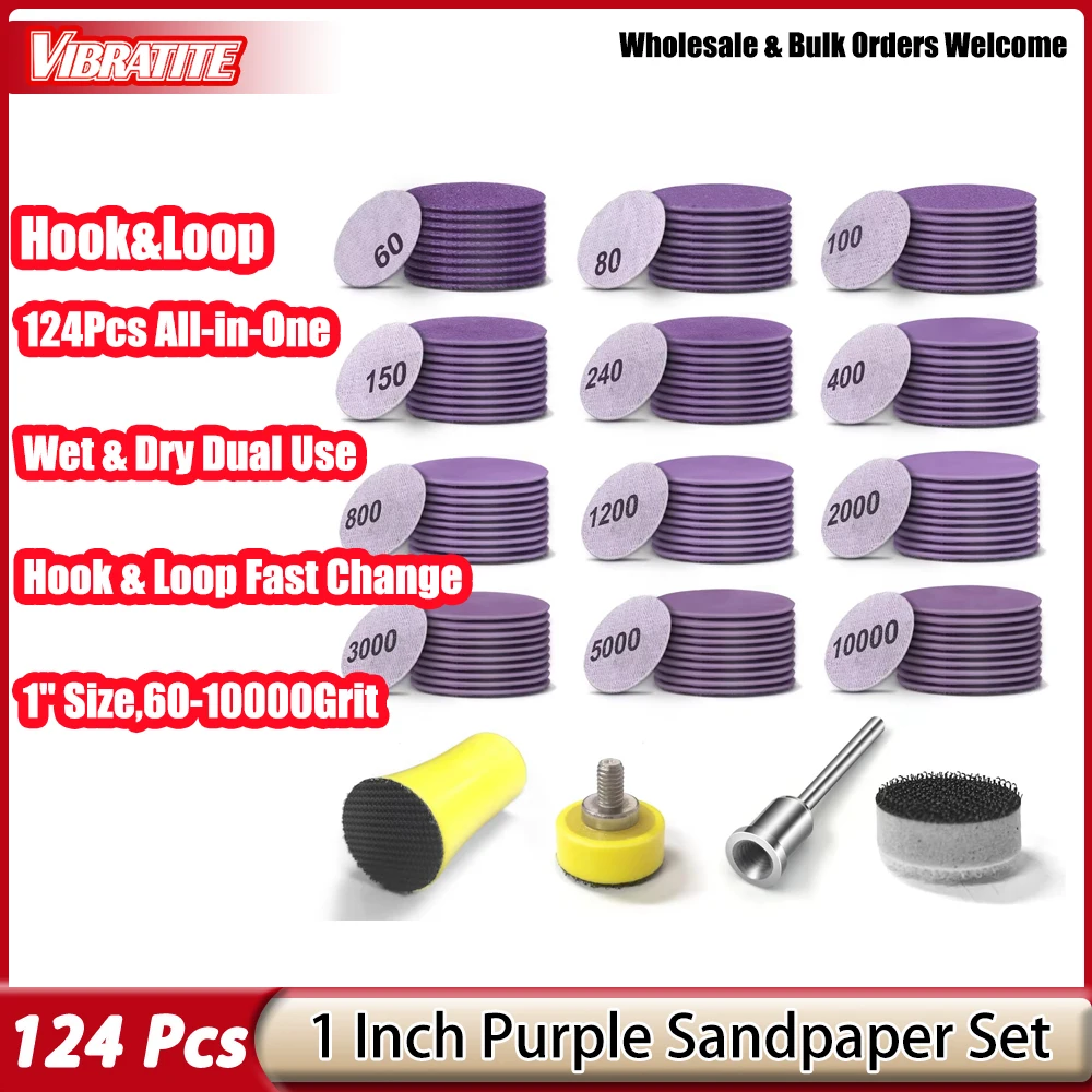 1 Inch 124Pcs Wet Dry Sandpaper Kit Hook&Loop with Polishing Pads and Interface Pad for Grinder Rotary Tools and Wood Grinding