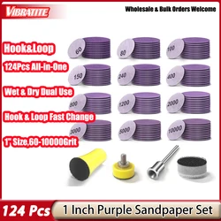 1 Inch 124Pcs Wet Dry Sandpaper Kit Hook&Loop with Polishing Pads and Interface Pad for Grinder Rotary Tools and Wood Grinding