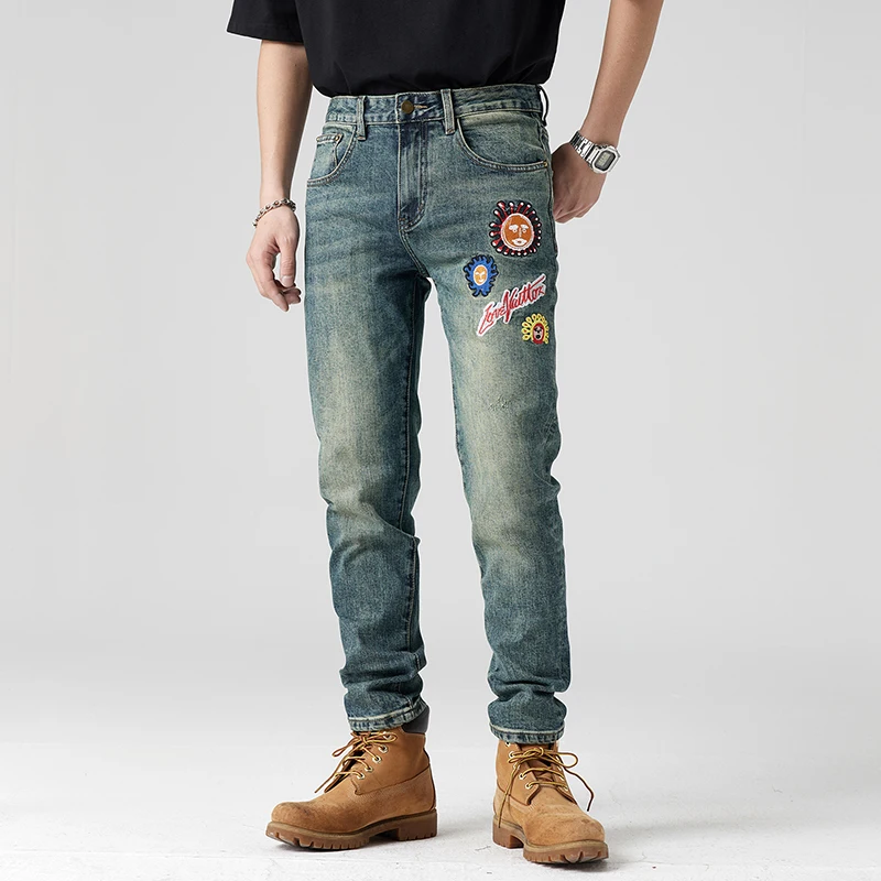 2024 New washed retro blue embroidered jeans men's street fashion slim fit skinny motorcycle trousers