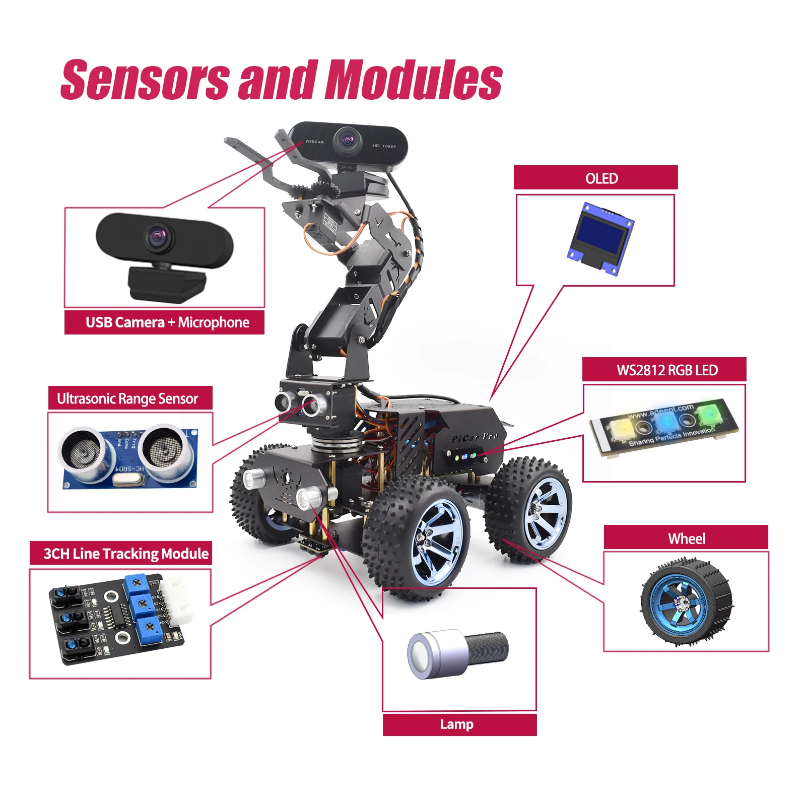 مجموعة الروبوتات Adeept PiCar Pro V2 (Raspberry Pi غير متضمنة)، سيارة ذكية مع ذراع آلي 4-DOF لـ Pi 5/4/3