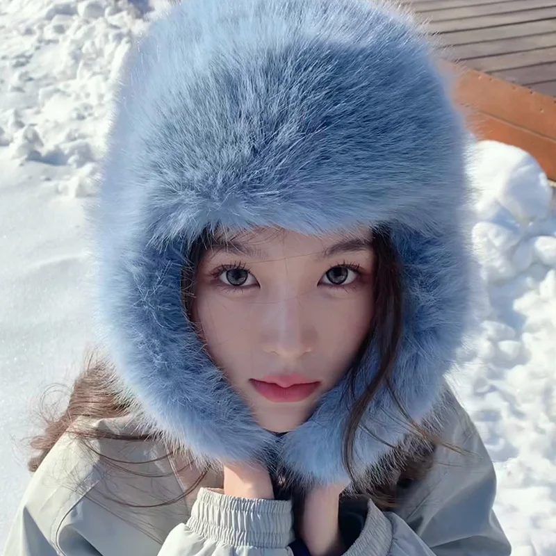 أزياء المرأة أفخم رقيق Bomber القبعات Y2K الأزرق تقليد مارتن الفراء يندبروف الدافئة سدادات حماية الأذن قبعة تزلج الشتاء قبعة صغيرة #3