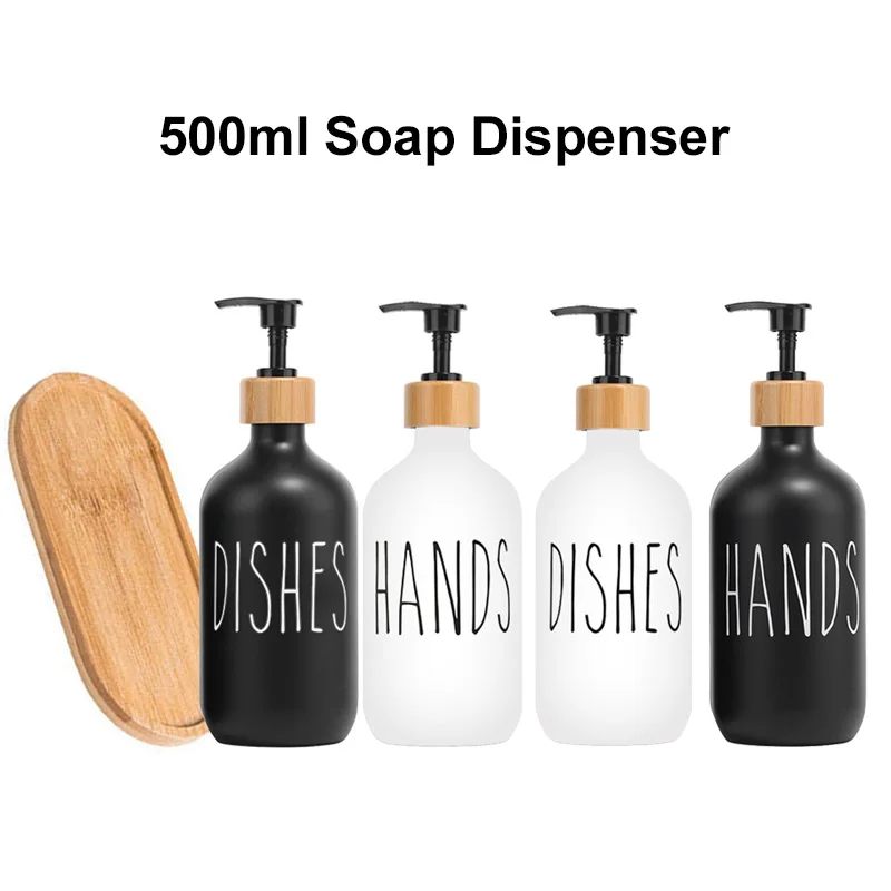 2 Pcs 500ML Refillable Wooden Pump Soap Dispenser With Tray For Kitchen Bathroom Body Wash Shampoo Conditioner Empty Bottles