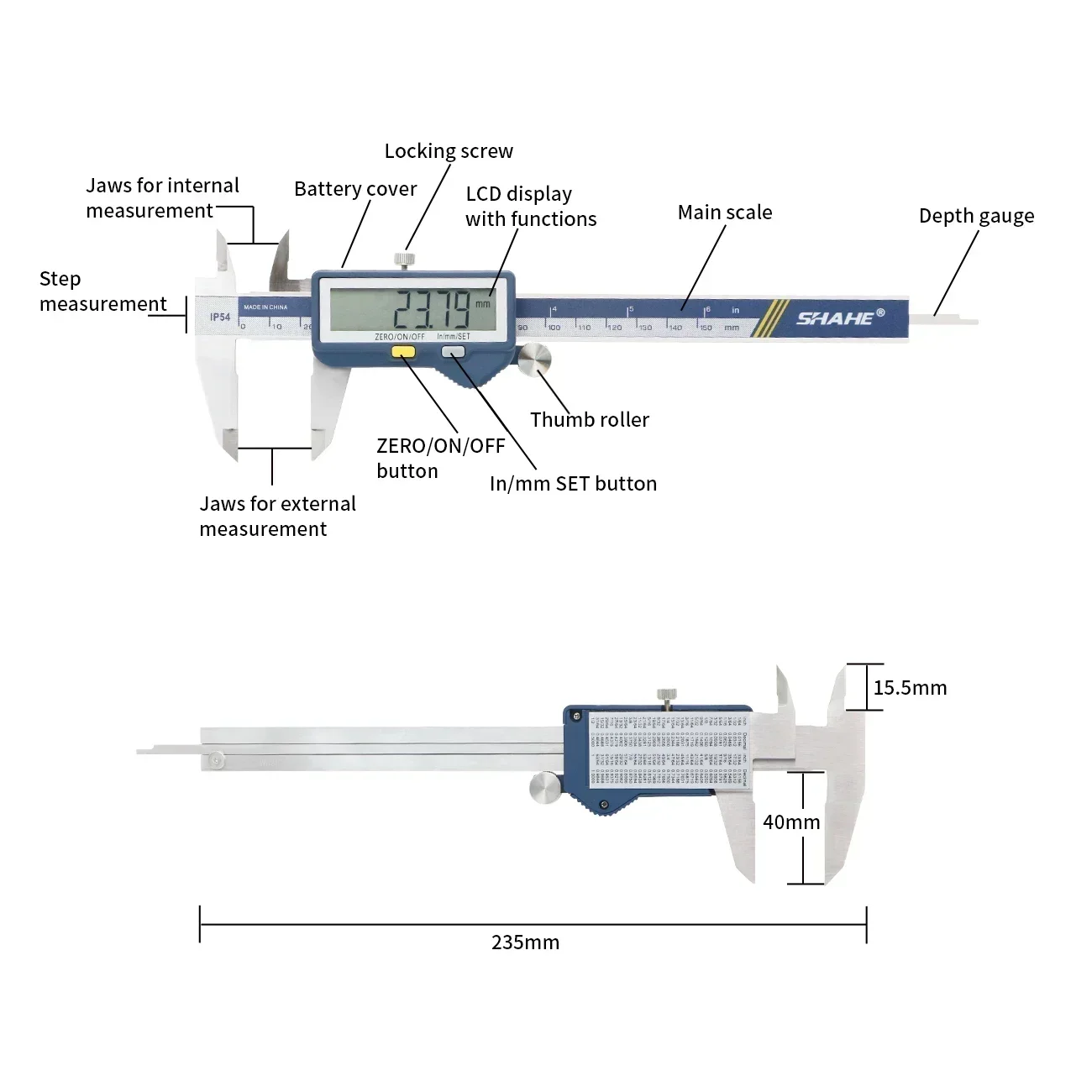 SHAHE Electronic Digital Caliper Stainless Steel Construction With Large LCD Screen Electronic Micrometer Vernier Calipers