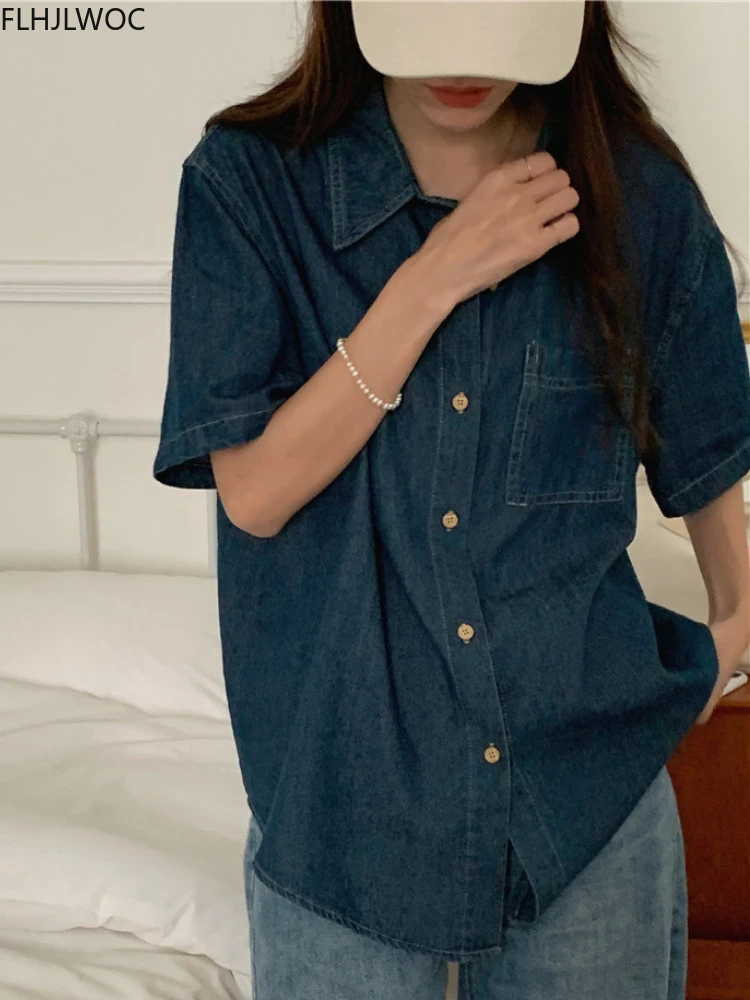 Button Blue Jeans Denim Korea Cute Shirt Design Women Japan Girl Vintage Retro Top Blouse 2022 Chic Korea Fashion Clothes