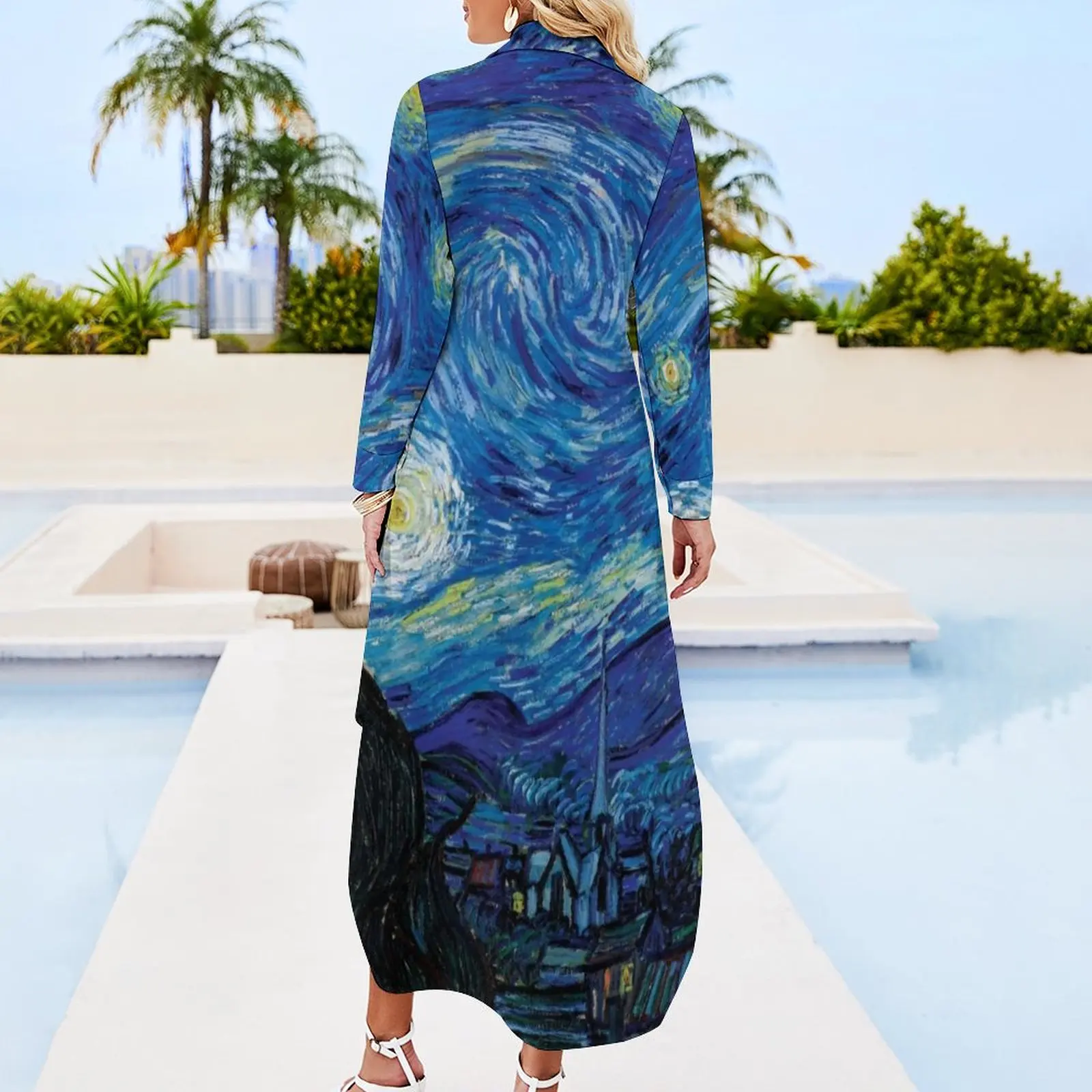 blue van gogh dress Sunflower Van GoGh Linen Embroidery Dress -One Piece Dress featuring  beautiful linen materials and sunflower embroidery – Serendute main image 0