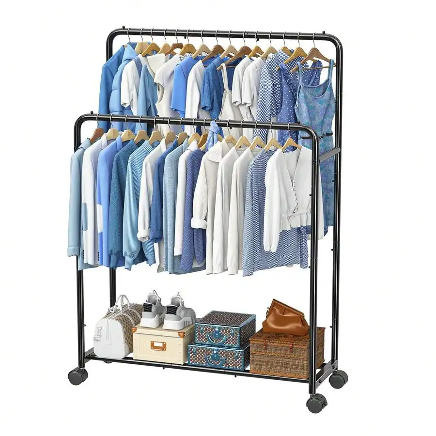 Heavy-Duty Rolling Clothes Rack, Two-Bar Independent Clothes Sorting Rack With Bottom Shoe Rack, Side Hook And Wheels, Suitable