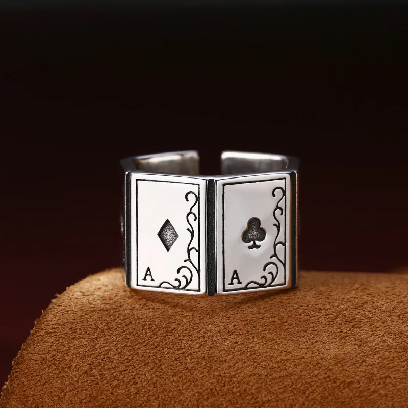 

S925 Sterling Silver Jewelry Men's Wide Personalized Playing Card Open Ring Trendy Retro Punk Style Food Ring