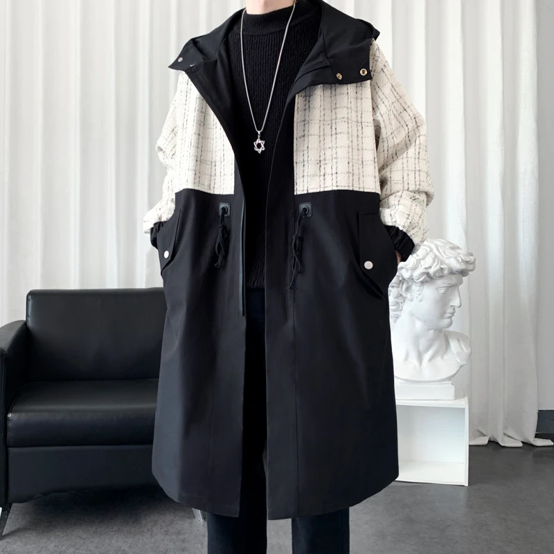 

2025 Autumn Winter New Men Hooded Trench Coat Mid Long Length Patchwork Design Waist Drawstring Fashion Trendy Outerwear Coat
