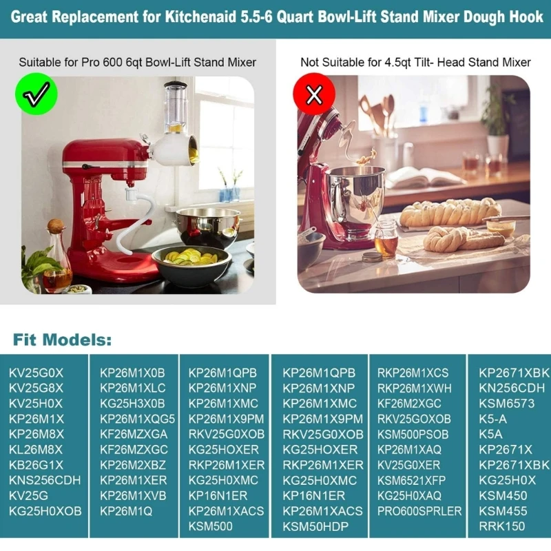 خطاف خلاط رفع العجين المعدني المطلي متوافق مع 6QT KV25G0X KV25G8X KV25H0X KB26G1X K5SS K5A KSM5 KS55 دروبشيبينغ