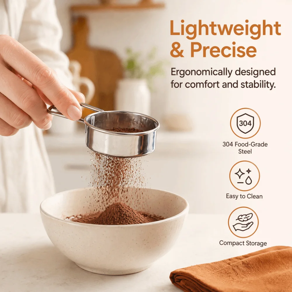 304 Stainless Steel Flour Sieve Strainer Round Ergonomic Handle Mesh Round Sifter Lightweight 2.5 Inch Fine Mesh Strainer