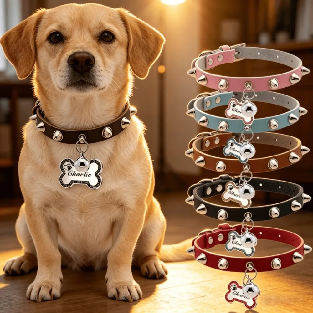 

Personalized Spiked Dog Collar with Custom Carved Bone ID Tag Nail Buckle PU Leather Pet Collar with Bell Suitable for Dogs Cats
