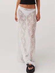 Women Lace Long Skirt Low Rise A-line Midi Skirt Y2K Summer Elegant Beach Party Maxi Skirts