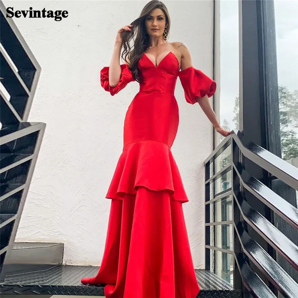 

Sevintage Noble Red Satin Mermaid Evening Dresses Off The Shoulder V-Neck Formal Women Prom Party Gowns Special Occasion Dresses