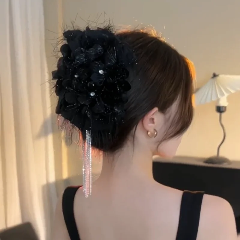 

Ladies French Style Party Hair Clip Women Popular New Headwear Black Shiny Silk Fluffy Flower Tassel Female Hair Claw